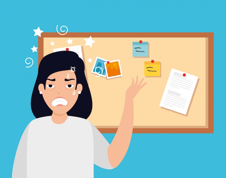 Vector woman with stress attack and corkboard
