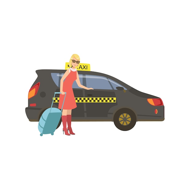 Woman with suitcase entering black taxi car