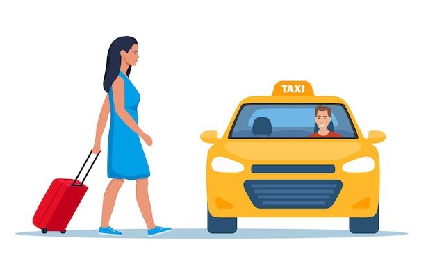 Woman with a suitcase take taxi Yellow Taxi Car front view Taxi with smiling man driver