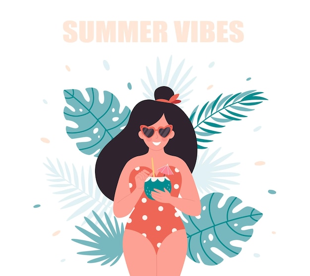 Vector woman with summer cocktail hello summer vacation summertime summer party