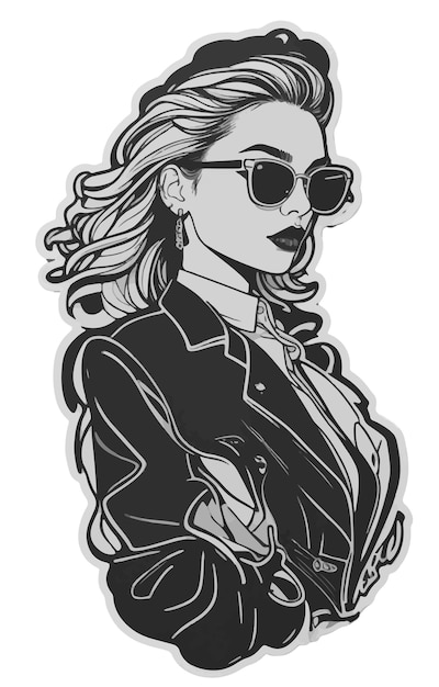 A woman with sunglasses on her face is wearing a black and white drawing of a woman with her hair in