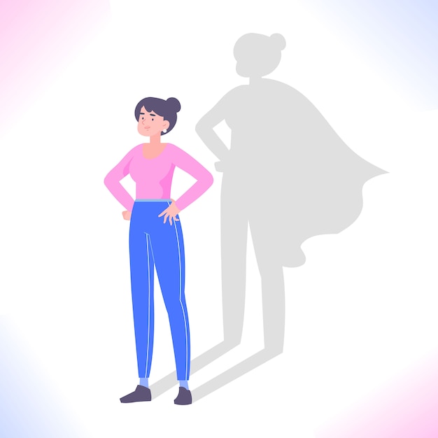 Vector woman with superhero shadow, self confidence and ambition