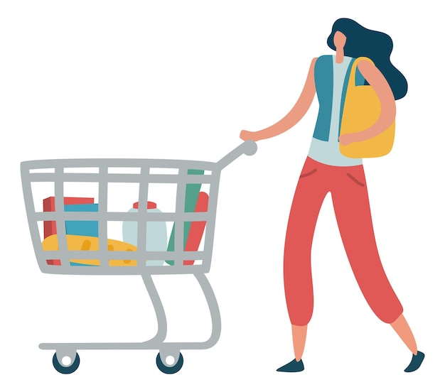 Woman with supermarket cart Grocery shopping concept