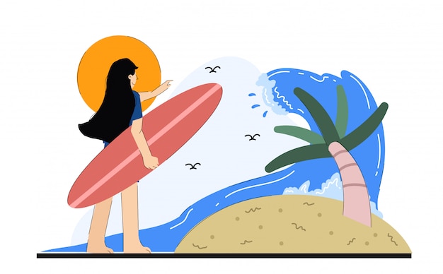 Vector woman with surf board at beach