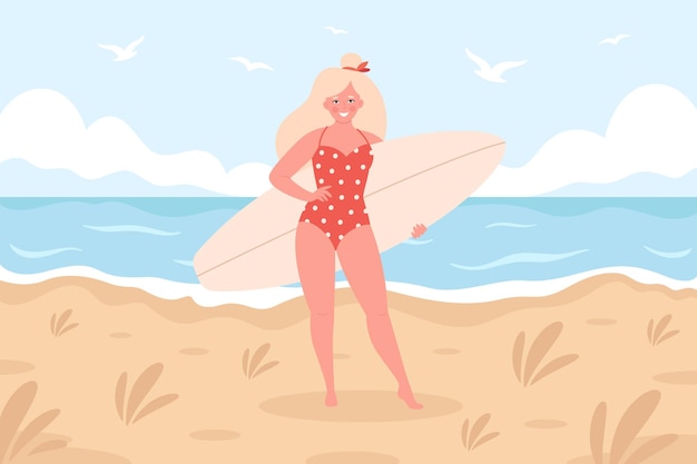 Woman with surfboard on the beach. summer activity, summertime, surfing. hello summer