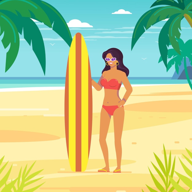 Vector woman with surfer board on tropical beach