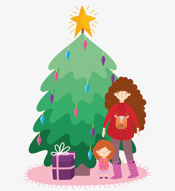 Vector woman with sweater and little girl tree gift merry christmas, happy new year