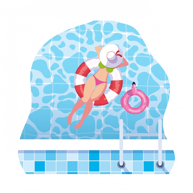 Woman with swimsuit and lifeguard float floating in water