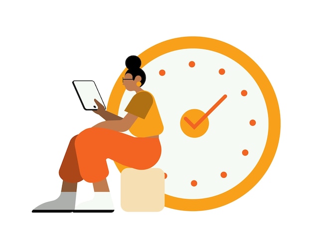 Woman with tablet computer and clock vector illustration in flat style