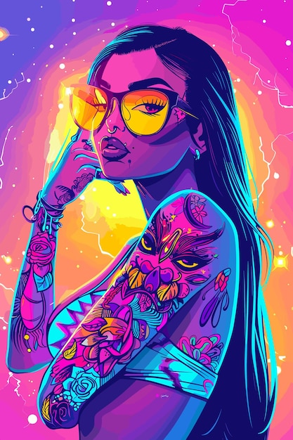 a woman with tattoos and sunglasses is posing for a picture