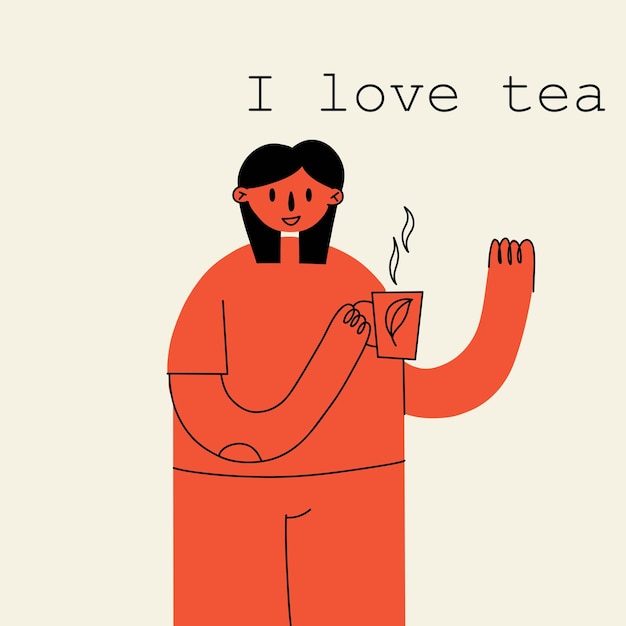 ベクトル お茶を持つ女性 モダンなカラフルな最小限の文字のテイクアウト グラス 温かい飲み物幸せな恋人の女の子が抹茶を飲む現代的なカードやポスターのソーシャル メディア バナー ベクトル漫画イラスト