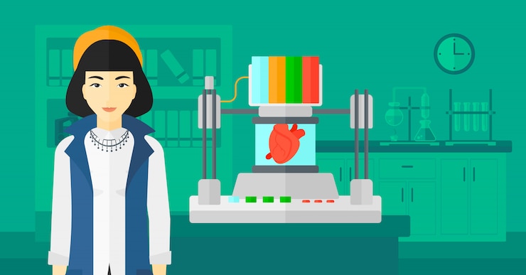 Vector woman with three d printer.