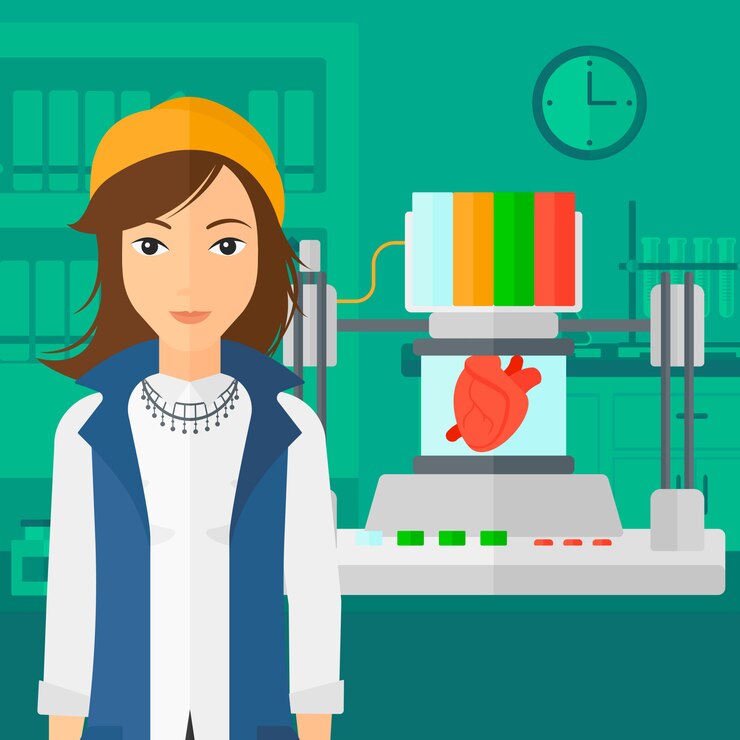 Vector woman with three d printer.