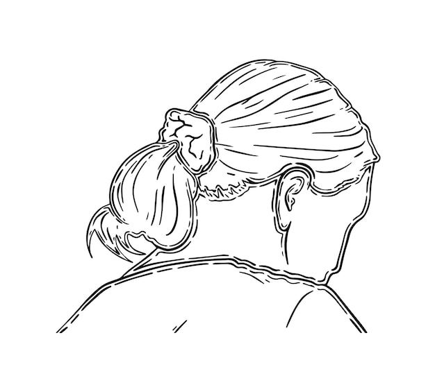 Woman with tied hair in a ponytail doodle linear cartoon coloring book