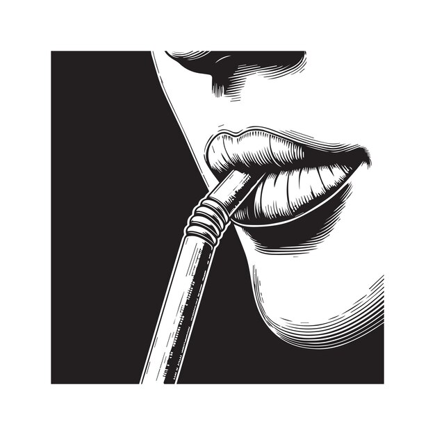 Vector a woman with a toothbrush in her mouth vector illustration in black and white