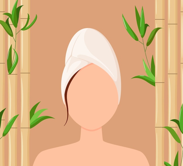 Vector a woman with a towel on her head against a bamboo background spa treatments