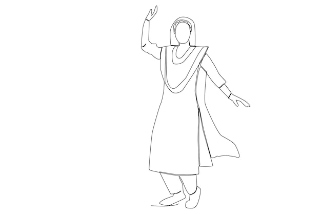 A woman with the traditional costume dancing in Lohri celebration line art