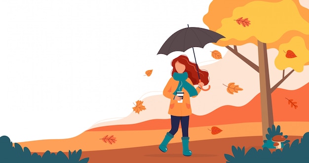 Женщина с зонтиком и кофе в осени.
