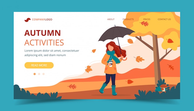 Woman with umbrella and coffee in autumn. Landing page template.