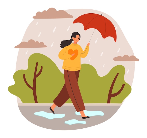Вектор Женщина с зонтиком девушка вышла на прогулку в парк плохая осенняя погода дождь шторм облачная природа на открытом воздухе