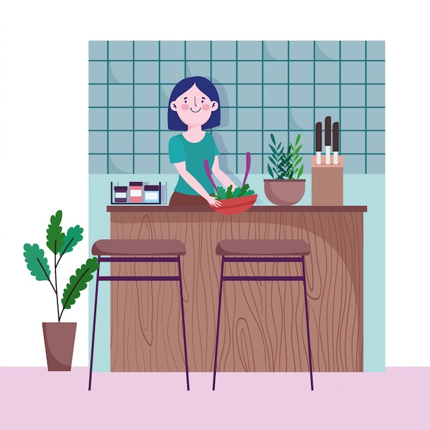 Vector woman with vegetables in bowl counter kitchen