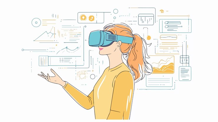 Vector 仮想現実ヘッドセットを手にした女性
