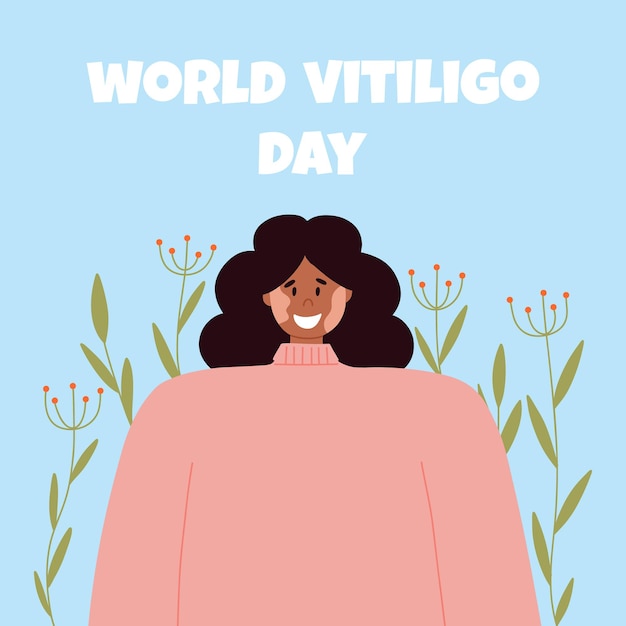 A woman with vitiligo skin disease accepts her appearance loves herself world vitiligo day vector illustration poster with a happy girl with vitiligo