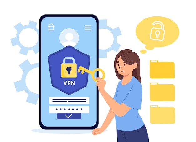 ベクトル スマートフォンのコンセプトで vpn を持つ女性電話のインターネット接続とインターネット上の保護安全性のセキュリティ システム仮想プライベート ネットワークを持つ若い女の子漫画フラット ベクトル図