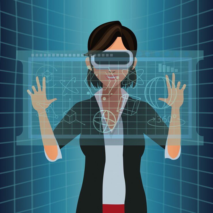 Vector woman with vr goggles touch diagram digital
