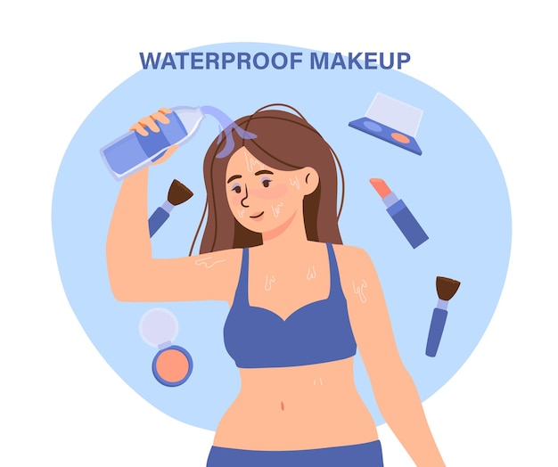 防水メイクアップコンセプトを持つ女性フェイスパウダーとブラシ口紅で化粧品を持つ若い女の子