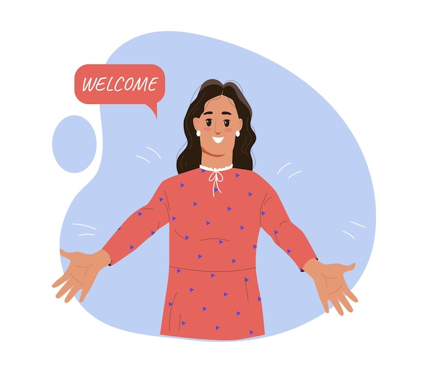 Vector woman with welcome inscription happy young girl glad to see newcomer cheerful person and character