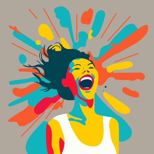 A woman with a white tank top and a yellow and blue shirt is laughing