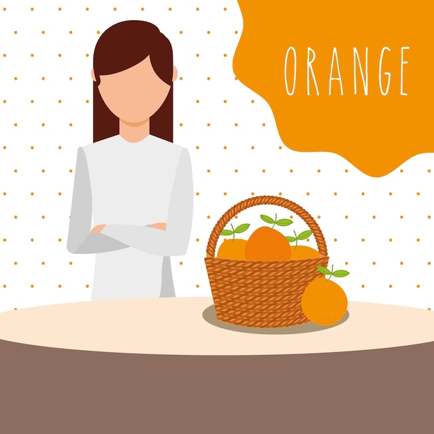 Woman with wicker basket filled fruit orange