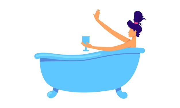 Donna con bicchiere di vino che riposa nella vasca da bagno carattere vettoriale a colori semi piatto