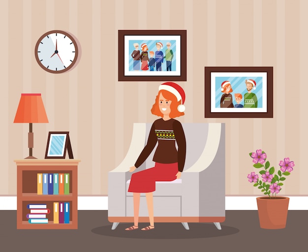 Vector woman with winter clothes in livingroom