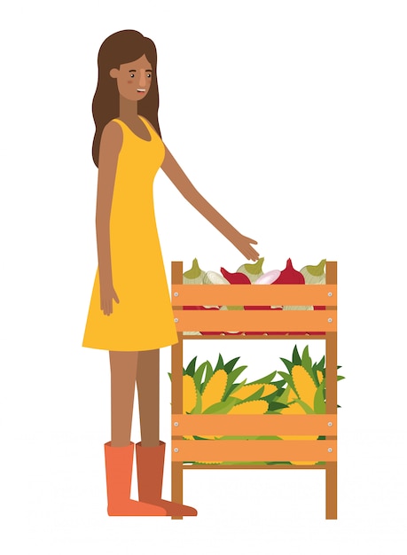 Vector woman with wooden basket with tag avatar character