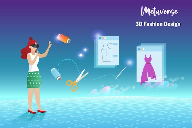 La donna lavora su un'esperienza su misura in 3d sulla tecnologia di design della moda virtuale del metaverso