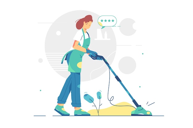 Woman work in cleaning service   illustration. female using vacuum cleaner in clients apartment flat style. quality cleaning service  .