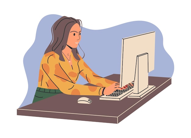 Woman Work on Computer in Office or Home Young Female Character Works at Workplace Stylish Office Worker in Casual Outfit at Workplace Monitor Keyboard and Mouse Cartoon Flat Vector Illustration