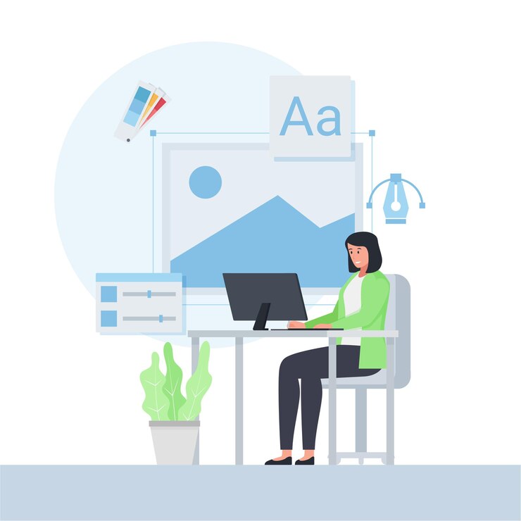 Vector woman work on the desk with design icon around