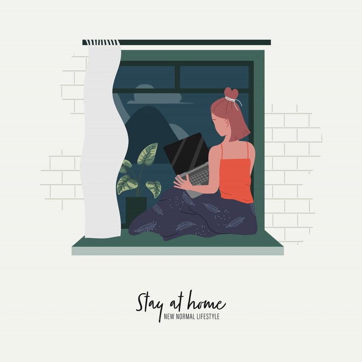 Vector woman work from home while sitting on windowsill at home. stay at home and new normal lifestyle.
