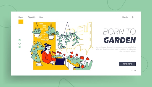 Woman Work at Home Garden Landing Page Template. Relaxed Female Character in Comfortable Armchair Working on Laptop at House Balcony with Potted Plants and Flowers around. Linear Vector Illustration