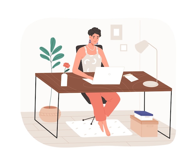 Woman work at home office with modern remote workplace. Freelancer sitting at desk with laptop computer, working online through internet. Flat graphic vector illustration isolated on white background.