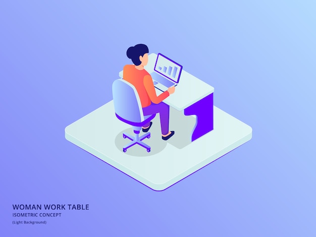 Woman work on laptop sit on chair with isometric 