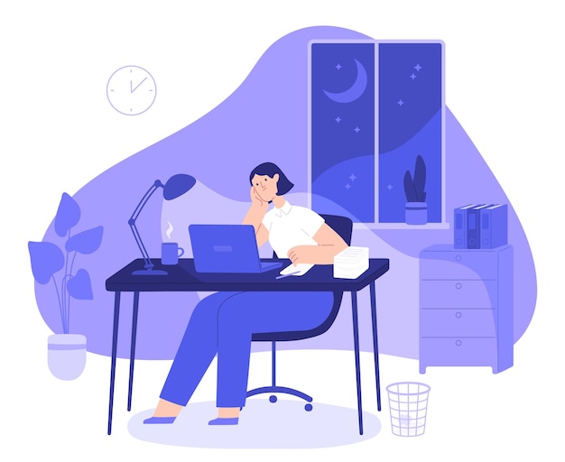 Vector woman work late at night. tired female freelancer busy at computer overnight in home office with desk. employee overtime work vector concept. responsible girl overworking in dark room