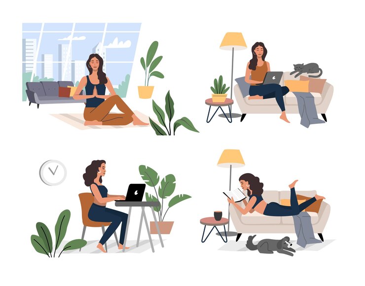 Vector woman work, relax meditates and read book. female character in home interior