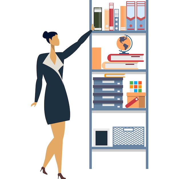 Vector woman work with business data vector icon office worker employee or secretary assistant standing near bookcase rack isolated on white background