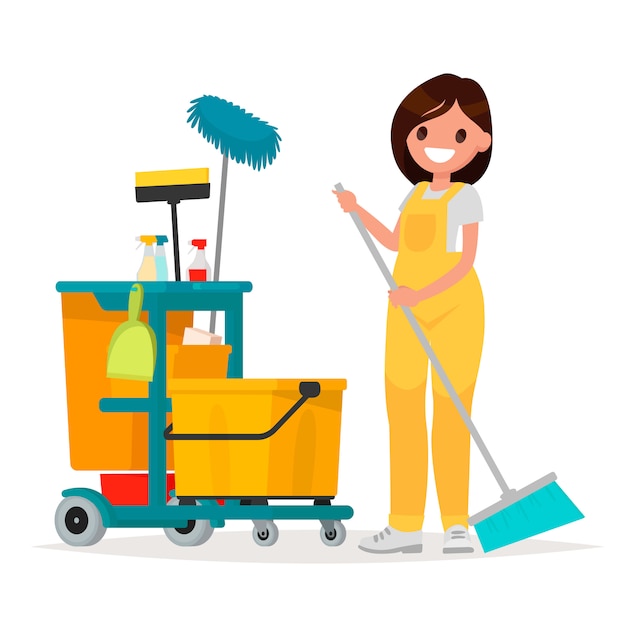 Vector woman worker of cleaning service is holding a mop. vector illustration in a flat style.