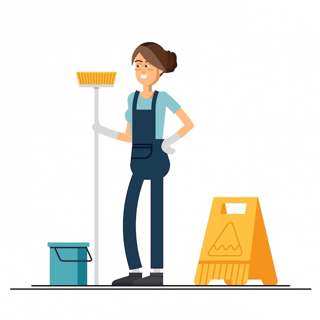 Woman worker of cleaning service is holding a mop.