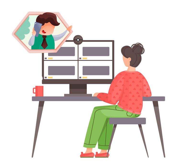 Vector woman worker talking through videocall sitting at table video conference at computer using webcam